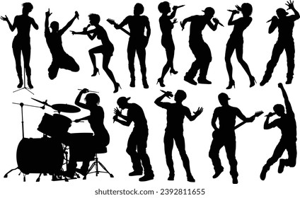 High quality silhouettes of musicians in a rock or pop band with singers, drummers, and guitarists