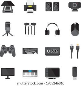High quality simple colour line art vector icon set of computer accessories and peripherals.