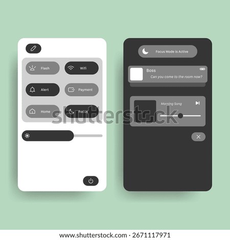 A high quality smartphone mockup showcasing a detailed Control Center UI with visible message notifications