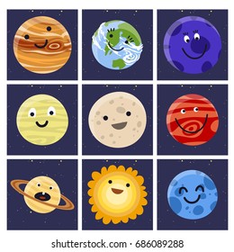 High quality solar system space planets, flat universe vector illustration.