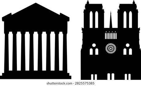 High quality solid black silhouette illustration featuring two iconic historical architectural structures. The design includes a classical ancient temple with tall pillars alongside a detailed gothic cathedral facade displaying twin towers and a prominent circular window. Isolated on a crisp white background, these highly recognizable building shapes are ideal for tourism promotions, educational resources, architectural design projects, and travel related visual content.