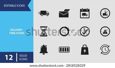 High quality solid icon set featuring delivery time management scheduled shipment arrival countdown timers express dispatch and logistics fulfillment tracking
