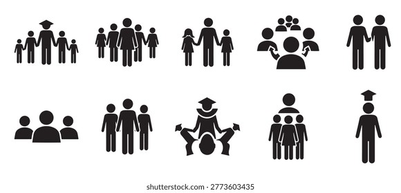 High quality spray paint drip marks with splatter textures. Collection of black vector people icons showing different groups and family arrangements on a white background. Vector illustration.