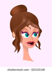High Quality Surprised Cartoon Head Elegant Girl Portrait. Isolated Vector Elements.