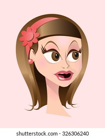 High Quality Surprised Cartoon Head Elegant Sweet Girl Portrait. Isolated Vector Elements.