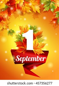 High quality template as of September 1, realistic autumn leaves, the first call. Red Ribbon on 1 September. Stock vector illustration