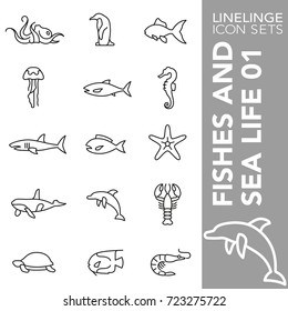 High quality thin line icons of fish, sea life and shellfish. Linelinge are the best pictogram pack unique linear design for all dimensions and devices. Stroke vector logo symbol and website content.