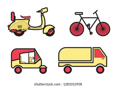 High Quality Transport Vector Illustrations Set Scooter, Cycle, Auto, lorry, multi color stroke outline flat style vector icons. Color icon collection 