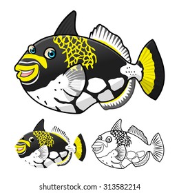 High Quality Trigger Fish Cartoon Character Include Flat Design and Line Art Version