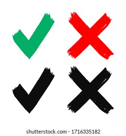 High quality V sign and X cross hand drawn vector icons isolated on white background - flat style brush illustration