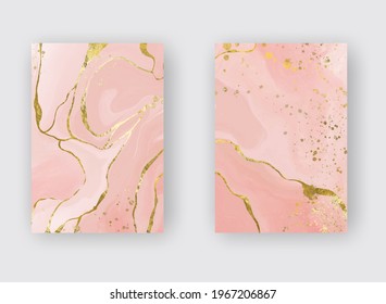 High quality vector Alcohol ink shape in tender pink and gold colors. Vector abstract painting. Wedding decoration. Pink paint art with golden glitter elements. Delicate liquid flow.