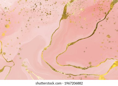 High quality vector Alcohol ink shape in tender pink and gold colors. Vector abstract painting. Wedding decoration. Pink paint art with golden glitter elements. Delicate liquid flow.
