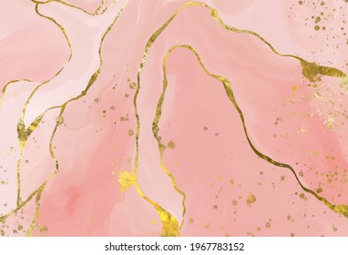 High quality vector Alcohol ink shape in tender pink and gold colors. Vector abstract painting. Wedding decoration. Pink paint art with golden glitter elements. Delicate liquid flow.