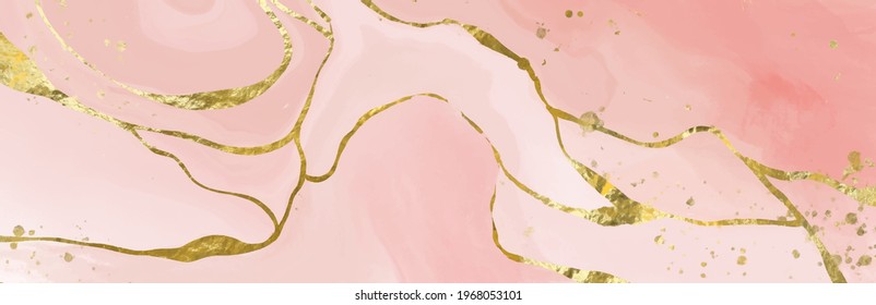 Vector de alta calidad Forma de tinta de alcohol en colores rosa y dorado tierno. Pintura abstracta vectorial. Decoración de bodas. Arte de pintura rosa con elementos brillantes dorados. Flujo líquido delgado.