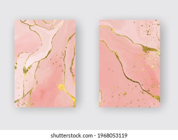 High quality vector Alcohol ink shape in tender pink and gold colors. Vector abstract painting. Wedding decoration. Pink paint art with golden glitter elements. Delicate liquid flow.