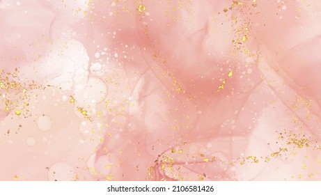 High quality vector Alcohol ink shape in Soft Pink and gold colors. Vector abstract painting. Wedding decoration. Pink paint art with golden glitter elements. Delicate liquid flow.