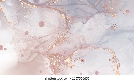 High quality vector Alcohol ink shape in tender coral and gold colors. Vector abstract painting. Wedding decoration. Coral paint art with golden glitter elements. Delicate liquid flow.