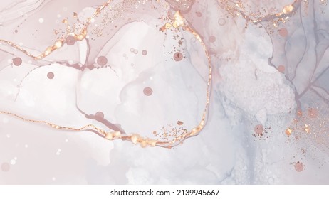 High quality vector Alcohol ink shape in tender coral and gold colors. Vector abstract painting. Wedding decoration. Coral paint art with golden glitter elements. Delicate liquid flow.