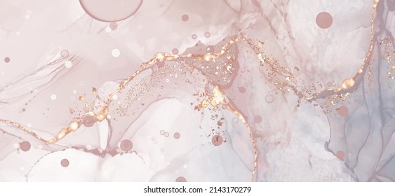High quality vector Alcohol ink shape in tender coral and gold colors. Vector abstract painting. Wedding decoration. Coral paint art with golden glitter elements. Delicate liquid flow.