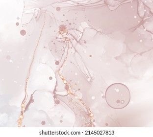 Vector de alta calidad Forma de tinta de alcohol en colores cálidos de coral y oro. Pintura abstracta vectorial. Decoración de bodas. Arte de pintura de coral con elementos brillantes dorados. Flujo líquido delgado.