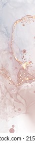 High quality vector Alcohol ink shape in tender coral and gold colors. Vector abstract painting. Wedding decoration. Coral paint art with golden glitter elements. Delicate liquid flow.