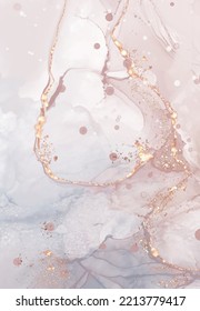 High quality vector Alcohol ink shape in tender coral and gold colors. Vector abstract painting. Wedding decoration. Coral paint art with golden glitter elements. Delicate liquid flow.