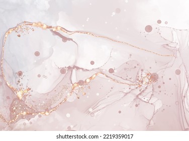 Vector de alta calidad Forma de tinta de alcohol en colores cálidos de coral y oro. Pintura abstracta vectorial. Decoración de bodas. Arte de pintura de coral con elementos brillantes dorados. Flujo líquido delgado.