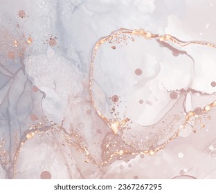 Vector de alta calidad Forma de tinta de alcohol en colores cálidos de coral y oro. Pintura abstracta vectorial. Decoración de bodas. Arte de pintura de coral con elementos brillantes dorados. Flujo líquido delgado.