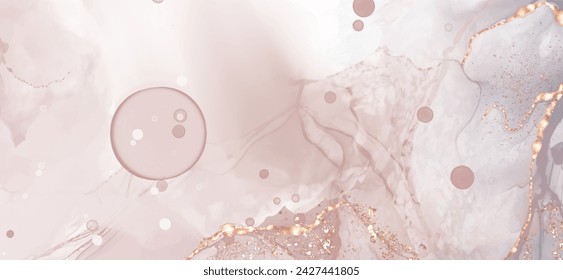 High quality vector Alcohol ink shape in tender coral and gold colors. Vector abstract painting. Wedding decoration. Coral paint art with golden glitter elements. Delicate liquid flow.