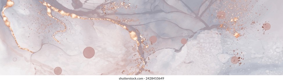 High quality vector Alcohol ink shape in tender coral and gold colors. Vector abstract painting. Wedding decoration. Coral paint art with golden glitter elements. Delicate liquid flow.