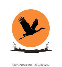 High quality vector artwork of a migratory bird soaring through the orange sky during sunset with water and marsh grass silhouette. Great for print on demand, t-shirts, posters, wall art, and outdoor adventure themes.