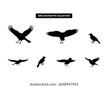 High quality vector bird silhouettes in various poses, flying, resting, and perched. Ideal for logos, t-shirts, posters, and nature themed design projects.