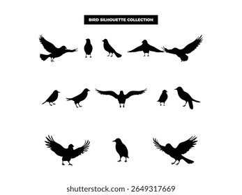 High quality vector bird silhouettes in various poses, flying, resting, and perched. Ideal for logos, t-shirts, posters, and nature themed design projects.