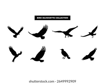 High quality vector bird silhouettes in various poses, flying, resting, and perched. Ideal for logos, t-shirts, posters, and nature themed design projects.