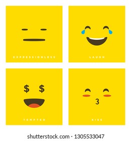 High quality vector cartoon set with laugh, expressionless, tempted and kiss emoticons with Flat Design Style, social media reactions - Vector EPS10