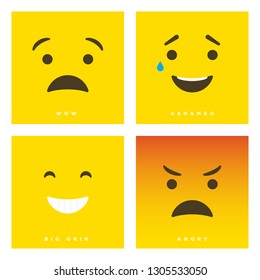 High quality vector cartoon set with wow, ashamed, big grin and angry emoticons with Flat Design Style, social media reactions - Vector EPS10