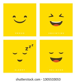 High quality vector cartoon set with proud, squinting, sleepy and relieved emoticons with Flat Design Style, social media reactions - Vector EPS10