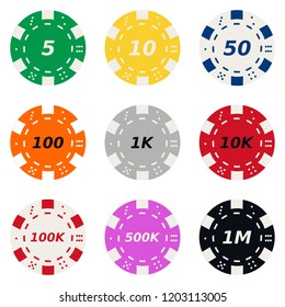 High quality vector collection of casino tokens in different colors and value making a seamless pattern