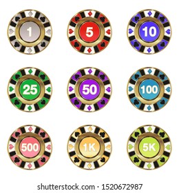 High quality vector collection of poker chips in different colors and value. Casino coins vector illustration.