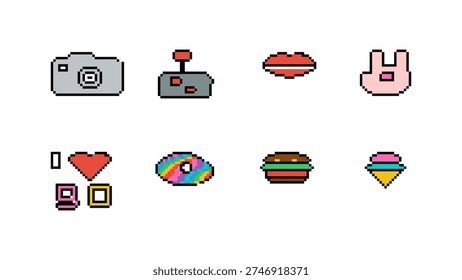 High quality vector collection of retro pixel art icons with 8-bit camera, gaming joystick, red lips, peace sign, 80s heart, rainbow donut, burger and ice cream for nostalgic game and app design.