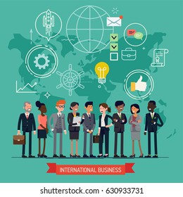 High quality vector concept layout on international business featuring worldwide global corporate business people line-up with abstract world map on background