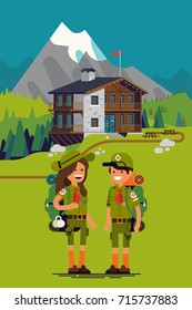 High quality vector concept on mountain camping for kids with lodge building in the middle of mountain glassland, spruce trees, snow covered peak, fully equipped scout kids in uniforms