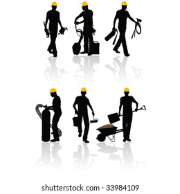 High quality vector construction workers silhouettes with different tools