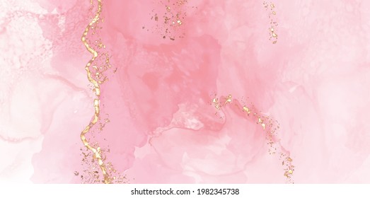 High quality vector design. Alcohol ink shape in pink and gold colors. Vector abstract painting. Wedding decoration element. Pink paint art with golden glitter elements.