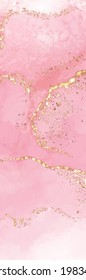Diseño vectorial de alta calidad. Forma de tinta alcohólica en colores rosa y dorado. Pintura abstracta vectorial. Elemento de decoración de bodas. Arte de pintura rosa con elementos brillantes dorados.