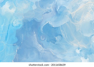 High quality vector design. Alcohol ink shape in blue and white colors. Vector abstract painting. Wedding decoration element. Blue paint art with white glitter elements.