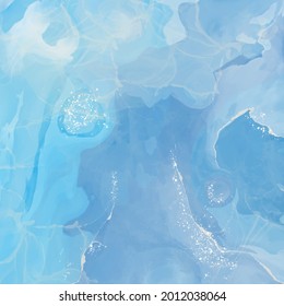 High quality vector design. Alcohol ink shape in blue and white colors. Vector abstract painting. Wedding decoration element. Blue paint art with white glitter elements.