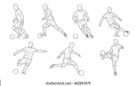 High quality vector detailed soccer football player silhouette cutout outlines. Championship sport playing football silhouette figure man.