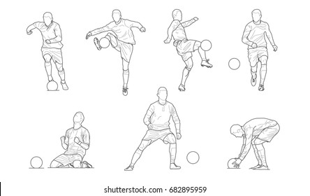 High quality vector detailed soccer football player silhouette cutout outlines. Championship sport playing football silhouette figure man.