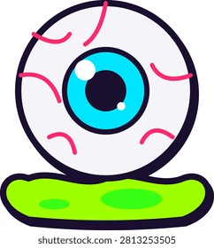 High quality vector graphic of a single bloodshot eyeball featuring a bright blue iris and pink veins. The eye sits atop a thick puddle of neon green slime. This illustration uses bold black outlines and vibrant flat colors. Perfect for Halloween themes, monster designs, and creepy slime aesthetic creative projects.